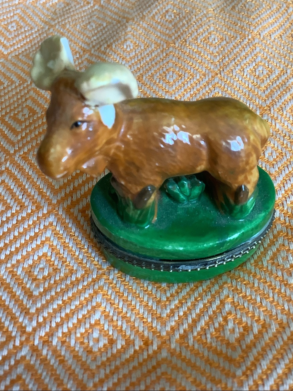 Brown Ceramic Moose Trinket Box with Green Base